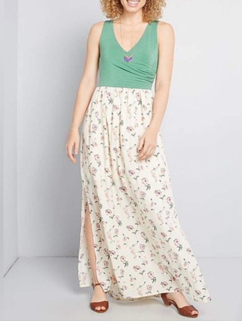 Modcloth Green Bodice Cream Floral Maxi Dress